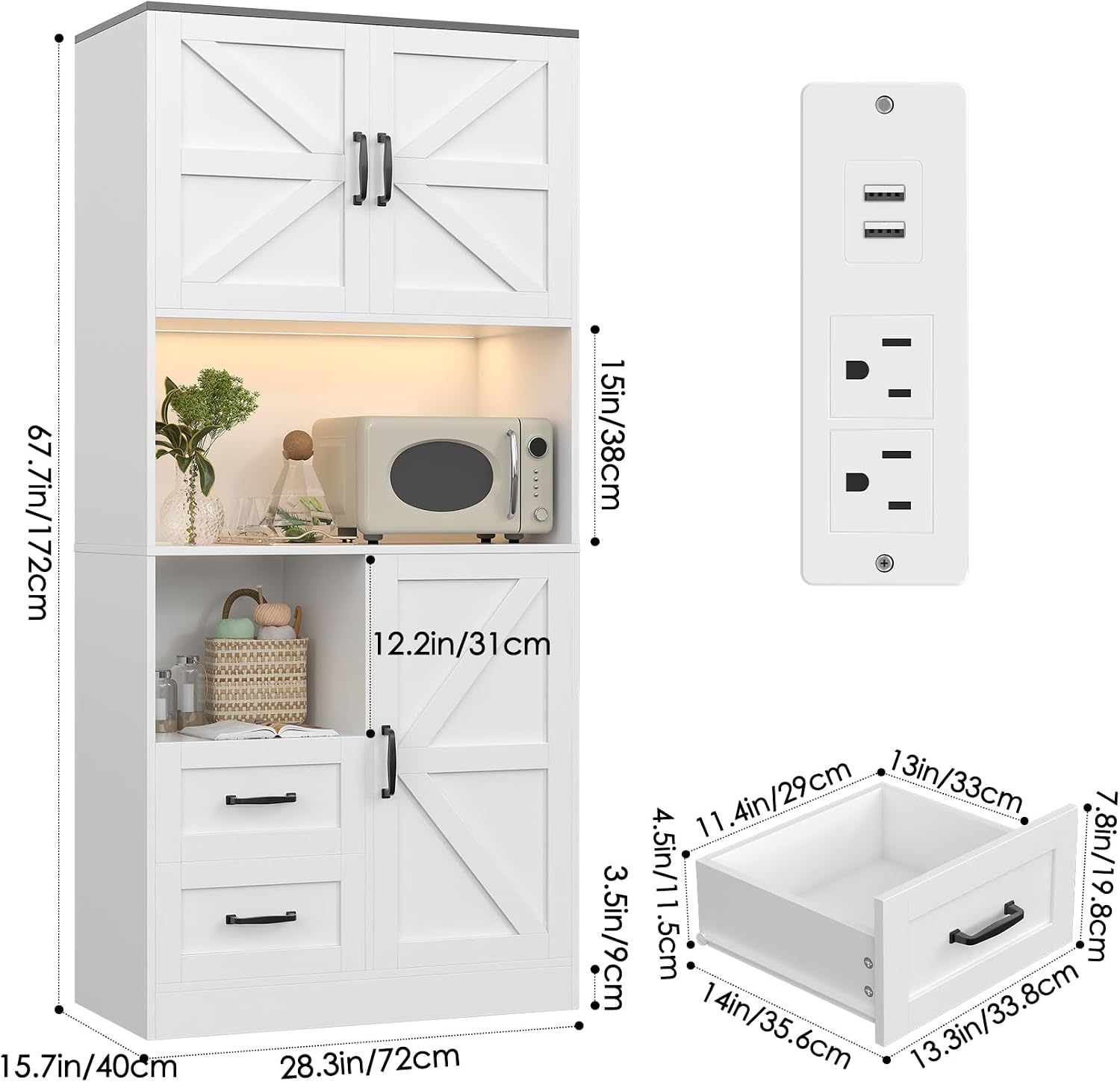 Kitchen Pantry Storage Cabinet with LED Lights and Power Strip, Tall Farmhouse Kitchen Pantry with Barn Doors and Drawers, Adjustable Shelves for Dining Living Room (White)
