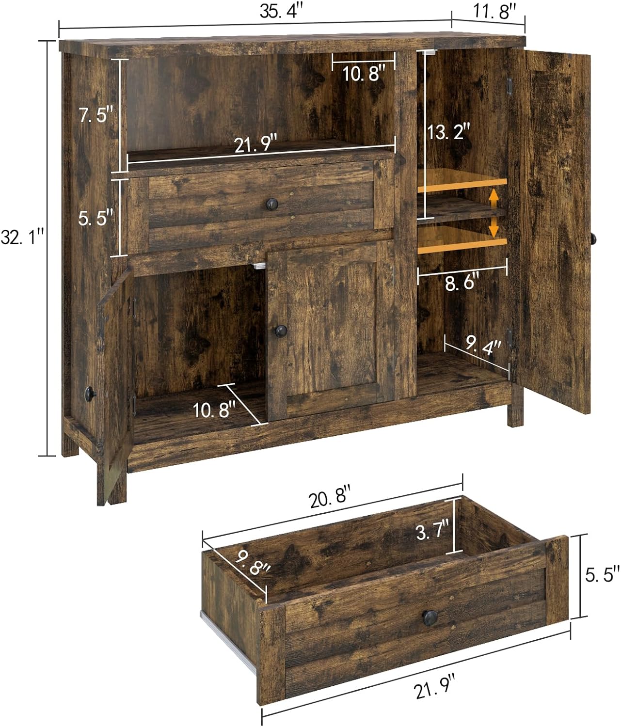 Viaozutis Coffee Bar Cabinet with Doors and Drawer, 35.4' Kitchen Storage Cabinet with Adjustable Shelf, Freestanding Buffet Sideboard for Dining Room, Bathroom, Entryway,（Retro）