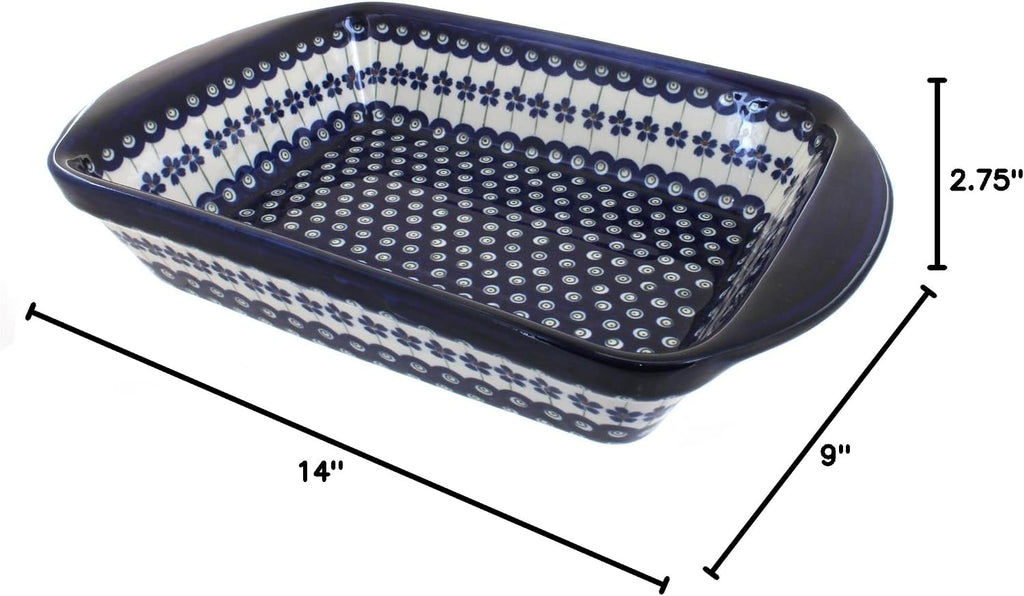 Blue Rose Polish Pottery - Blue Flowering Peacock Rectangular Baker with Handles - 11.5' x 9.25' - Unique, Dishwasher Safe, & Durable Bakeware