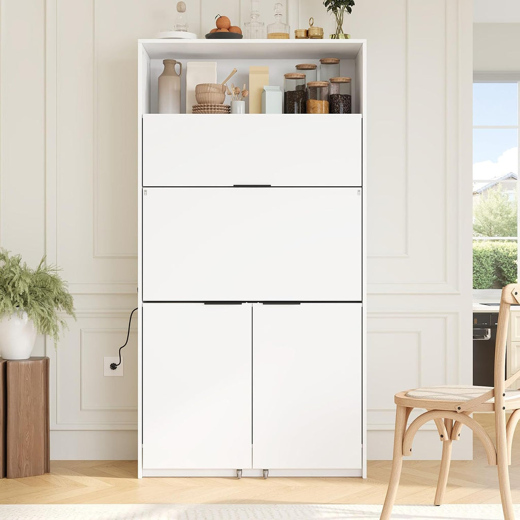 Farmhouse Pantry Cabinet with Foldable Workstation, 69' Tall Buffet with Hutch and Storage, Multifunctional Kitchen Cabinet with Adjustable Shelf and Power Outlet for Dining Room (White)