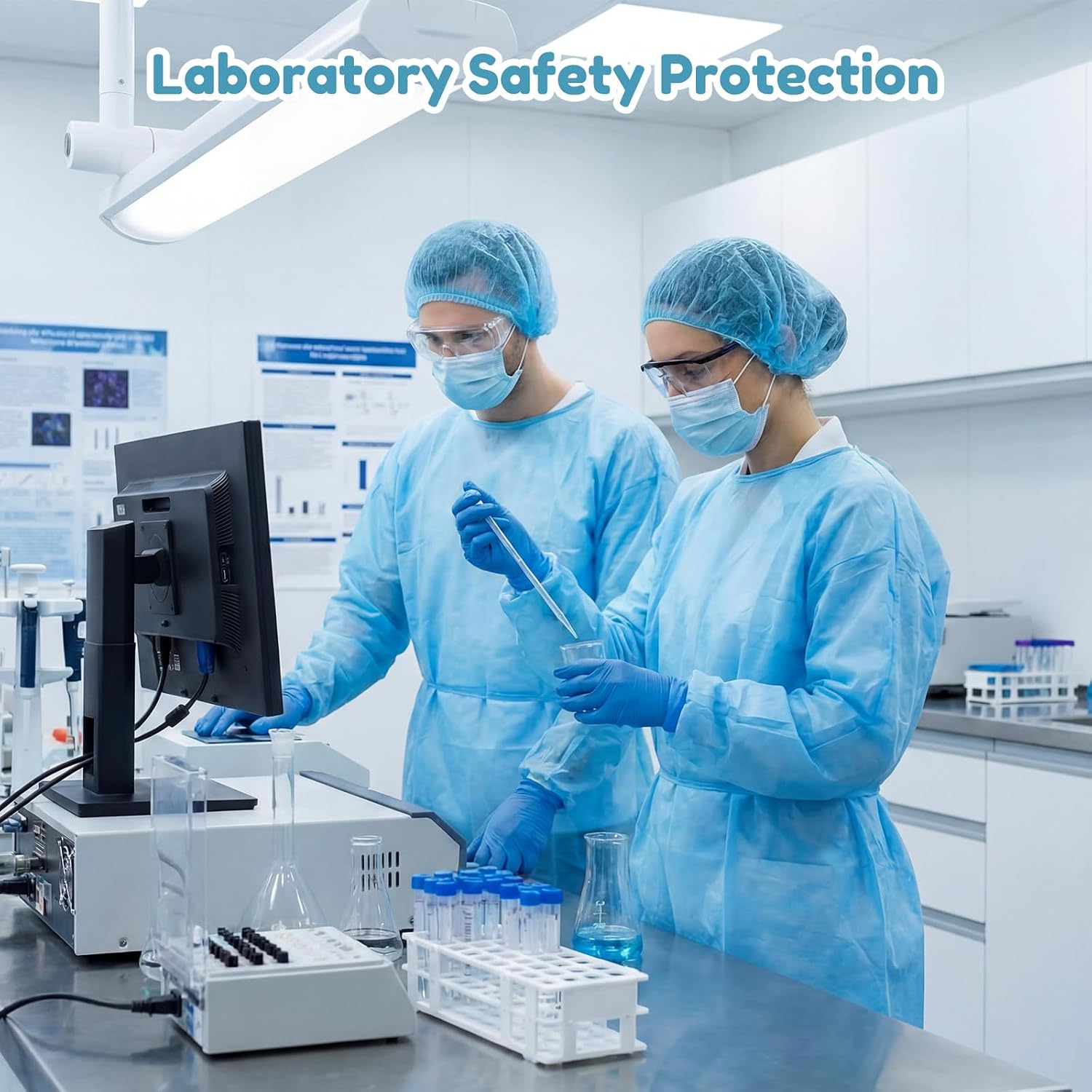 Xuhal Blue Disposable Isolation Ppe Gowns Set Bouffant Caps with Elastic Cuffs Gloves and Shoe Covers for Labs
