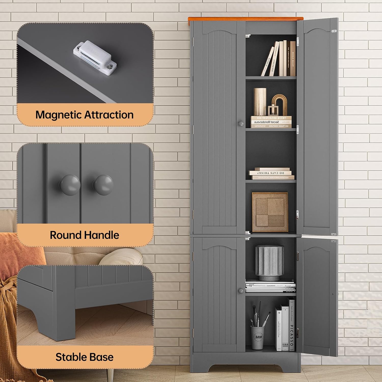 4 Door Pantry - 72.2'' Kitchen Cabinet with Adjustable Shelves, Freestanding Cupboard, Tall Storage Cabinets for Dining Room, Living Room, Laundry, Bathroom, Entryway, Grey