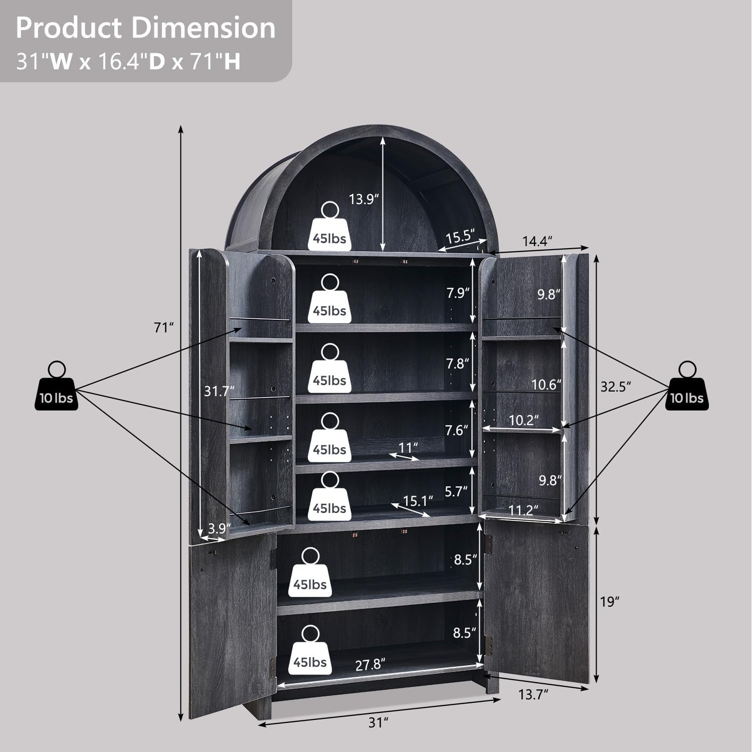 IFGET 71' Tall Arched Kitchen Pantry, Modern Fluted Wood Storage Cabinet with Doors, 3 Adjustable Shelves, 6 Door Shelves, Organizer, Versatile Cupboard for Kitchen,Bathroom, Dark Gray