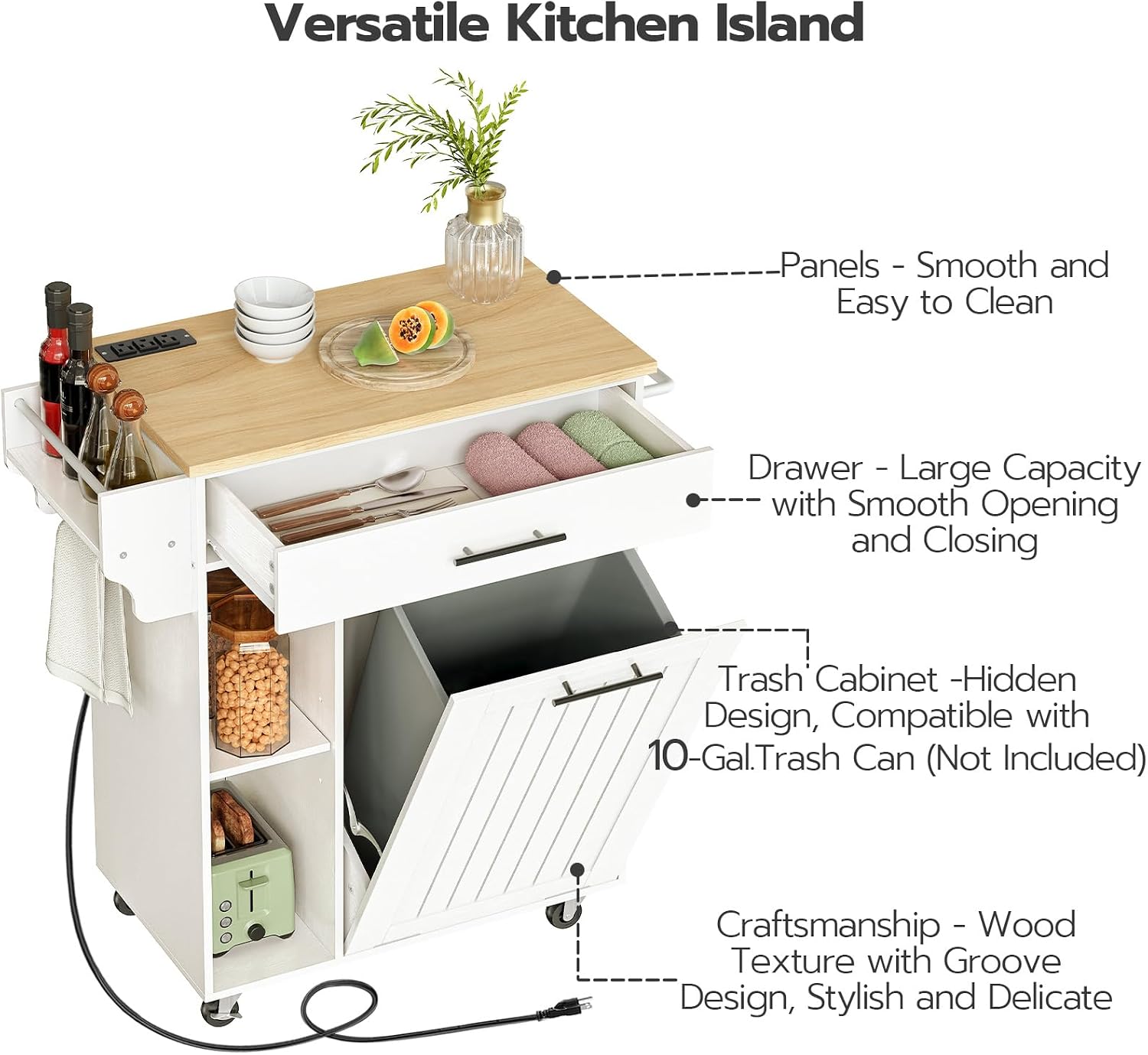 HOOBRO Kitchen Island with Trash Can Storage, Rolling Kitchen Island on Wheels, Kitchen Storage Island with Power Outlet, Mobile Islands Table for 10 Gallon Garbage Bin, Natural and White WN80UZD01G1