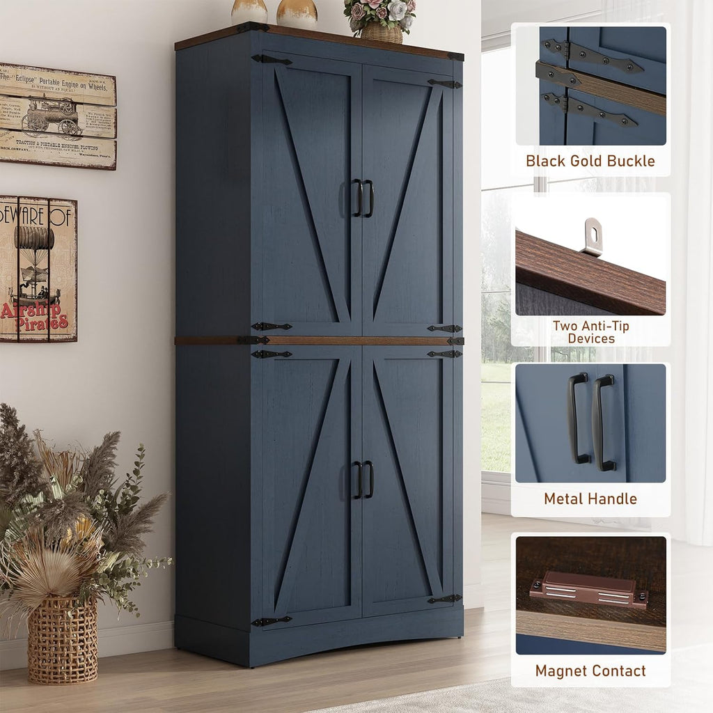 Hlivelood 71' Tall Kitchen Pantry,Farmhouse Storage Cabinet with Adjustable Shelves,Load-Bearing Steel Pipe,Farmhouse Pantry Cabinet with 4 Barn Doors,for Kitchen,Dining Room,Living Room(Blue)