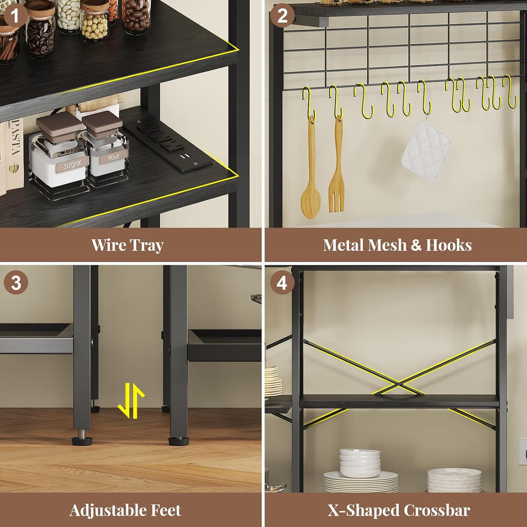 L-Shaped Bakers Rack with Power Outlet, 6-Tier Microwave Stand with Open Storage, Kitchen Shelf with Hooks, Coffee Bar with Wire Basket, Black
