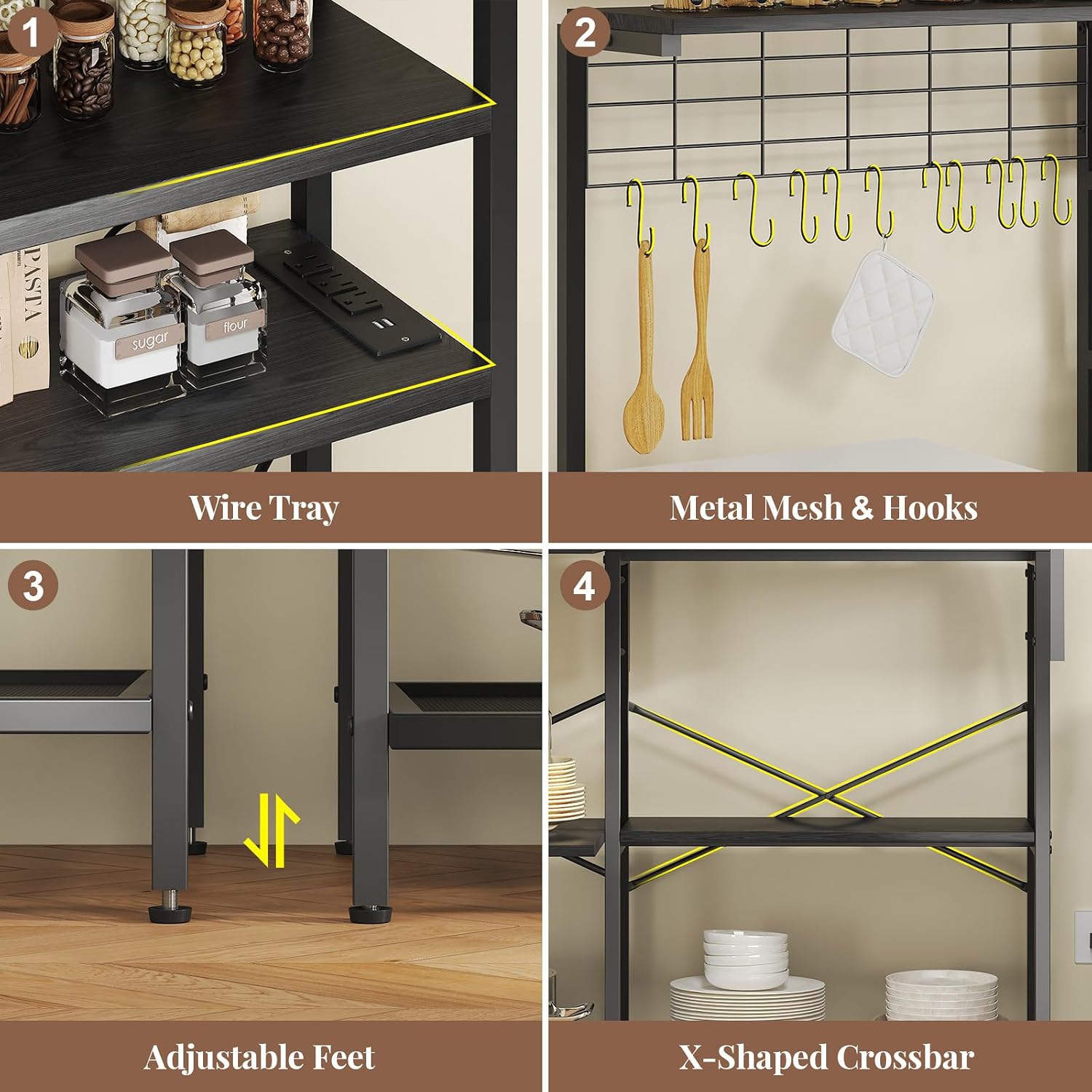 L-Shaped Bakers Rack with Power Outlet, 6-Tier Microwave Stand with Open Storage, Kitchen Shelf with Hooks, Coffee Bar with Wire Basket, Black