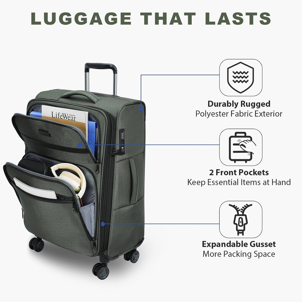 KROSER Softside Expandable checked Luggage with Front Business Pockets，24 Inch Suitcases with Spinner Wheels & Built-in TSA Lock, Durable Suitcase Rolling Luggage, Army Green