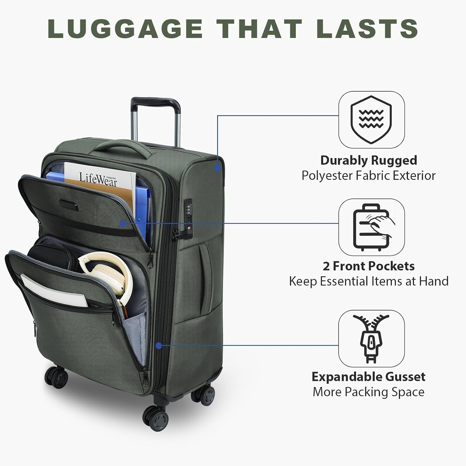 KROSER Softside Expandable checked Luggage with Front Business Pockets，24 Inch Suitcases with Spinner Wheels & Built-in TSA Lock, Durable Suitcase Rolling Luggage, Army Green