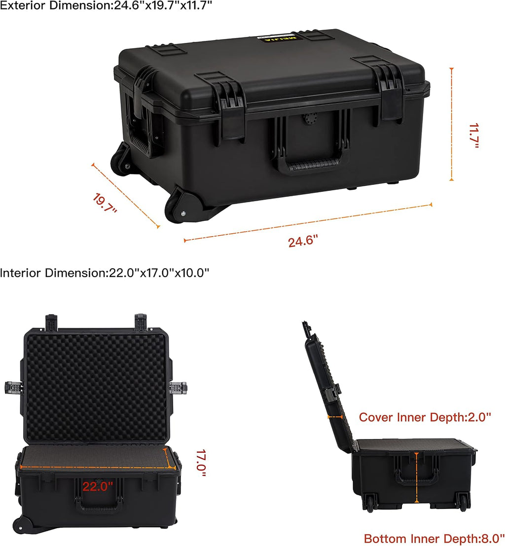 MEIJIA Portable All Weather Premium Rolling Wheels Waterproof Hard Compact Camera Case with Customizable Fit Foam,Pull Handle, 24.6'X19.7'X11.7',Black