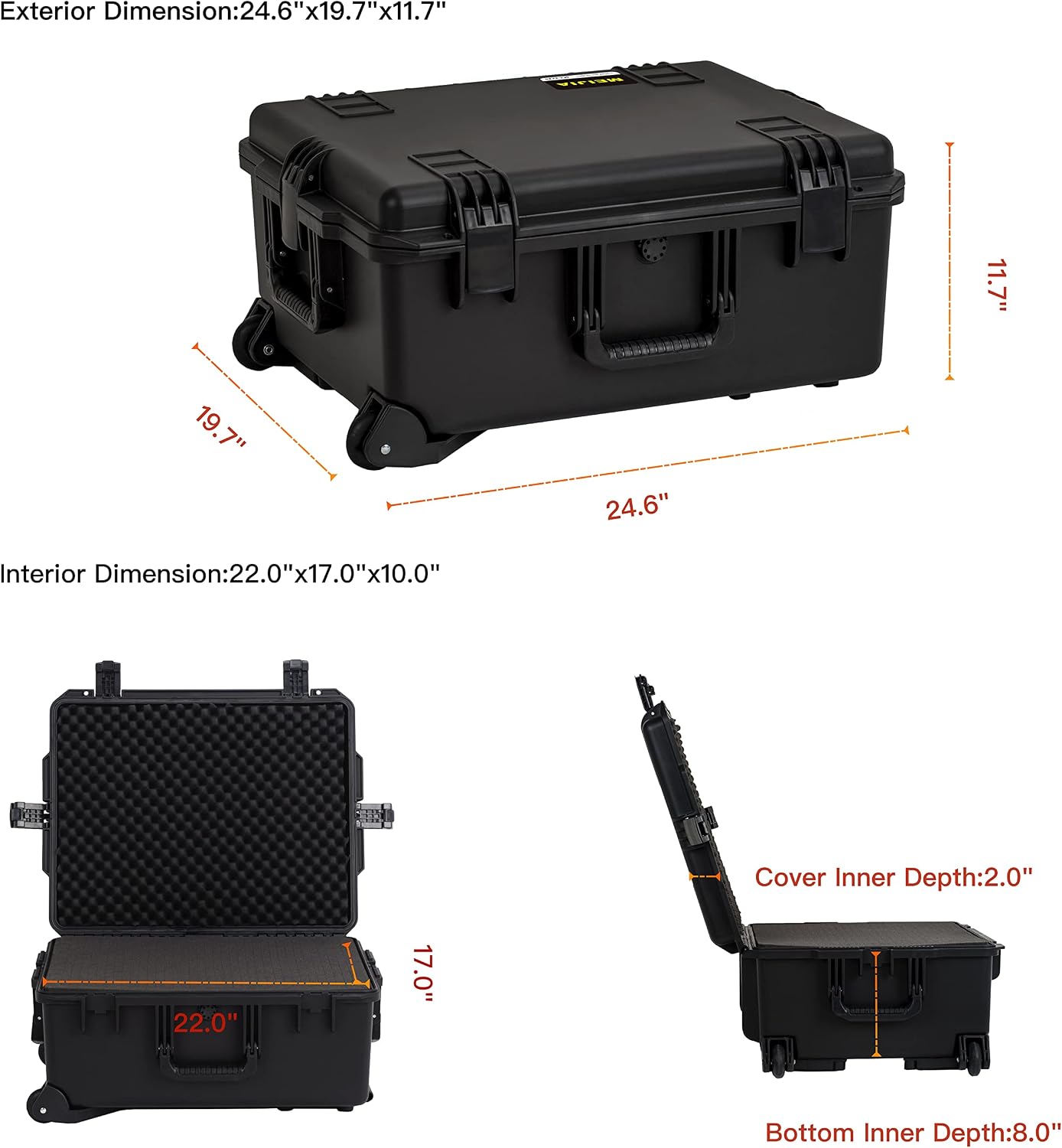 MEIJIA Portable All Weather Premium Rolling Wheels Waterproof Hard Compact Camera Case with Customizable Fit Foam,Pull Handle, 24.6'X19.7'X11.7',Black