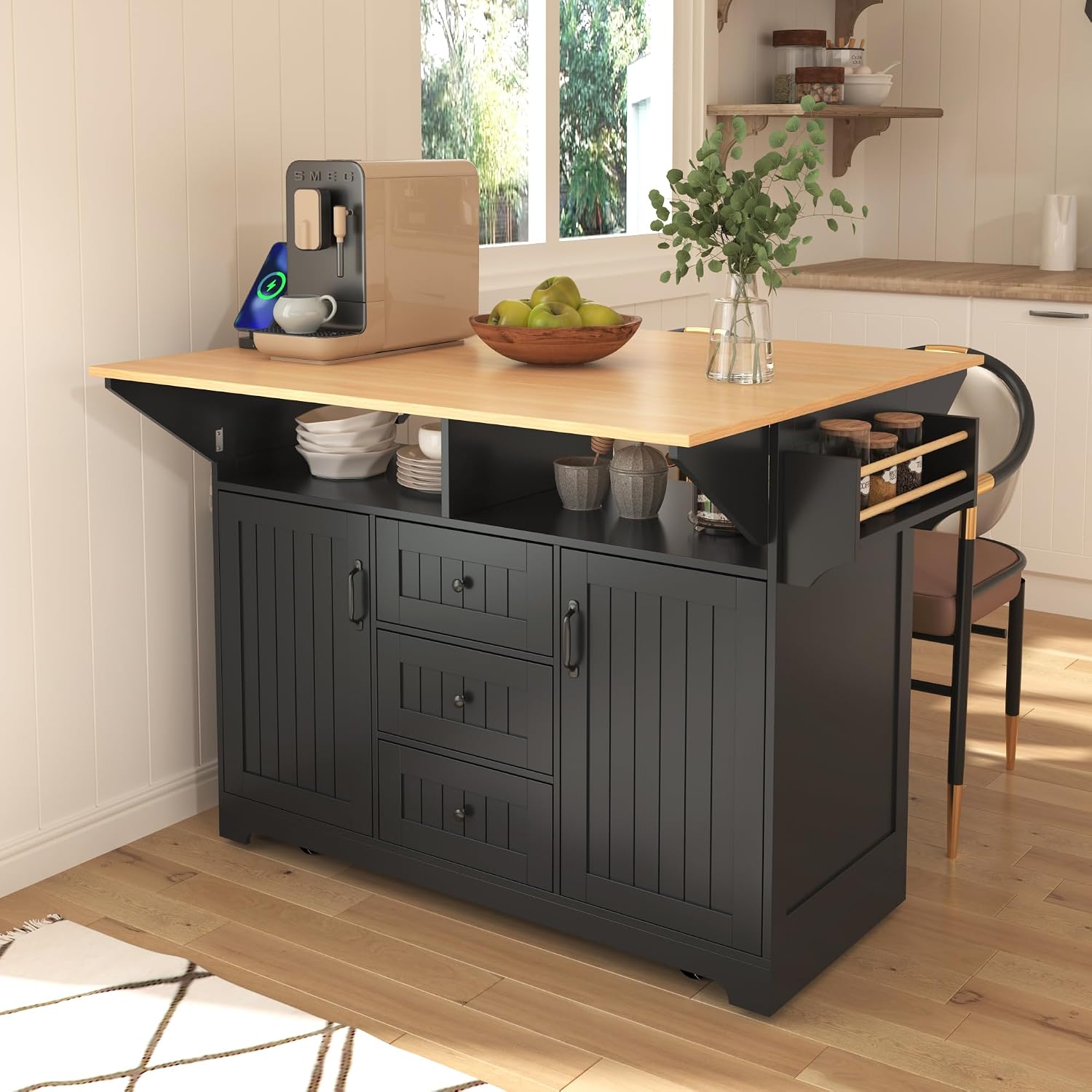 Modern Large Kitchen Island with 2 Drop Leaf, Rolling Kitchen Cart on 5 Wheels with Power Outlet, Folding Storage Dining Table for Kitchen, Dining Room (Black/Folding)