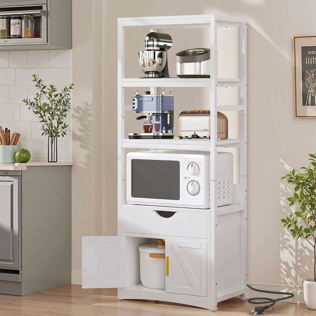 VECELO 3-Tier Microwave Stand with Power Outlet & USB Ports, 15.5' Deep Kitchen Pantry Cabinet, Fits 1.0 Cu.Ft Microwave, Farmhouse Coffee Bar Storage for Kitchen, Bright White