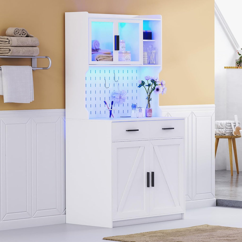 LED Kitchen Pantry Cabinet with Outlets, Farmhouse Storage Cabinet with Drawers & Adjustable Shelves, Cupboard with Pegboard and Hooks for Dining Room (White)
