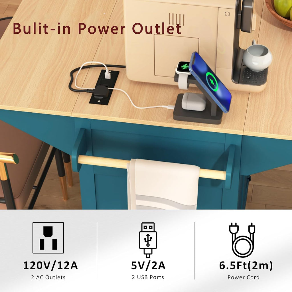 Modern Large Kitchen Island with 2 Drop Leaf, Rolling Kitchen Cart on 5 Wheels with Power Outlet, Folding Storage Dining Table for Kitchen, Dining Room