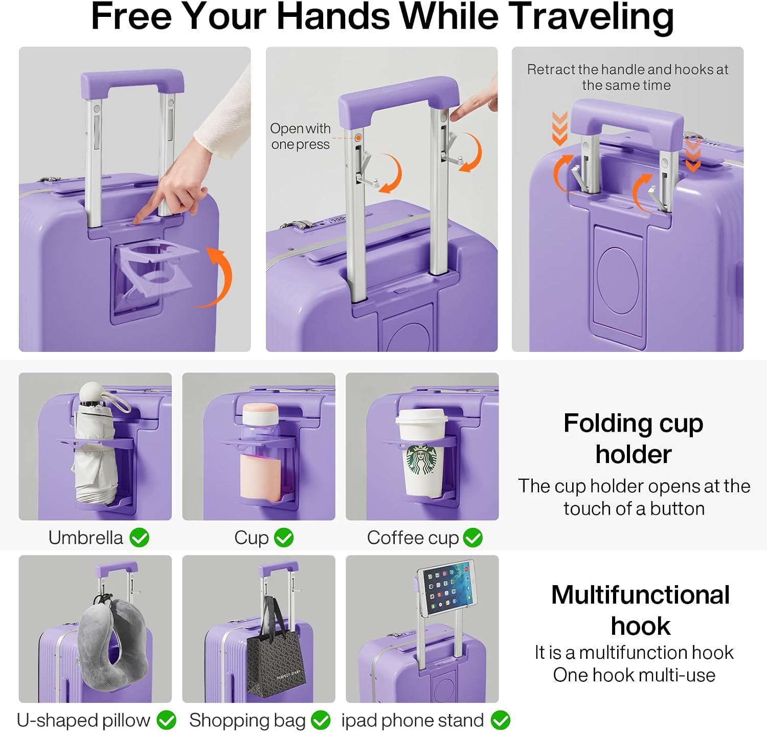 mixi Large Checked Luggage with Cup Phone Holder and Charger Hard Shell Suitcases with Spinner Wheels, 24 Inch Lilac Purple