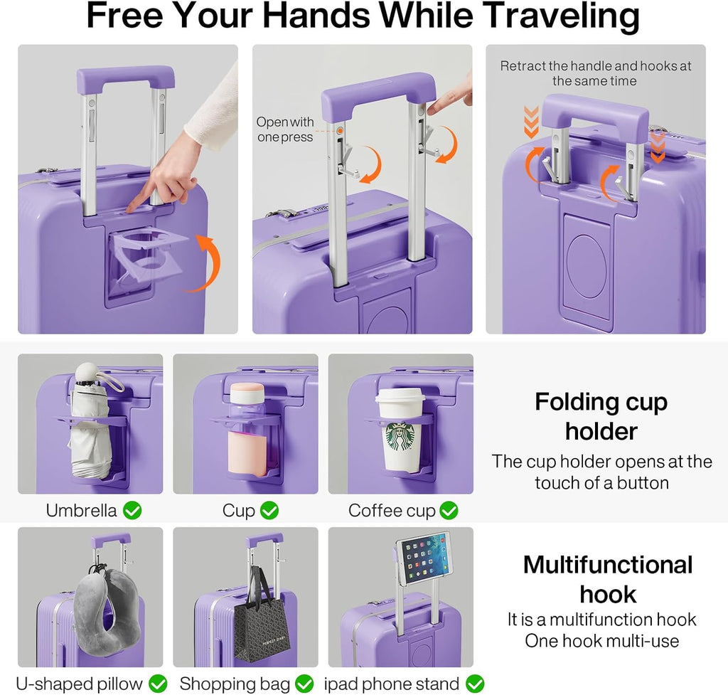 mixi Large Checked Luggage with Cup Phone Holder and Charger Hard Shell Suitcases with Spinner Wheels, 26 Inch Lilac Purple