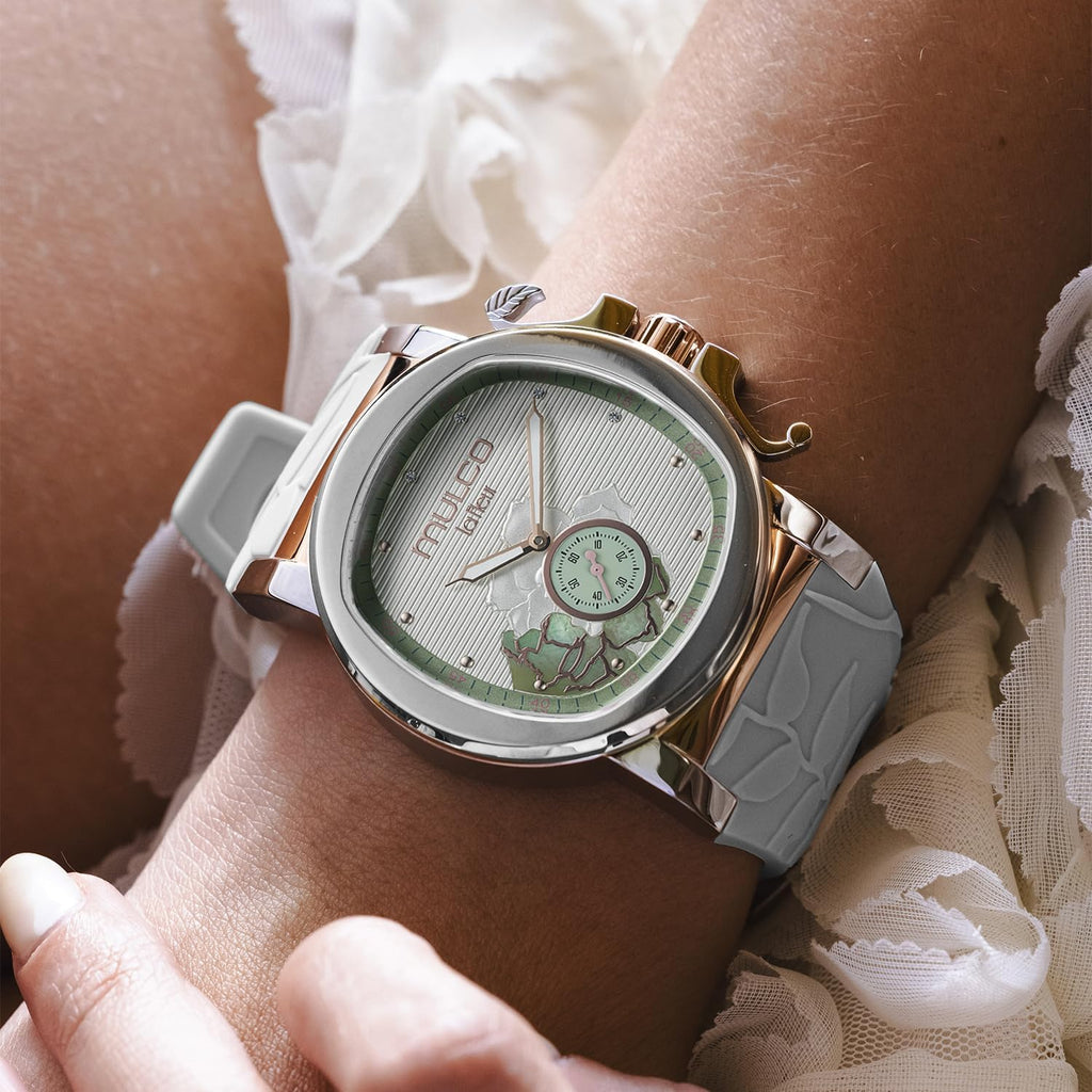 MULCO Le Fleur Gardenia Women's Watch – 43 mm Stainless-Steel Case, Rose-Gold Bezel, Mother-of-Pearl Dial with Crystal Accents, Pure Silicone Strap, Quartz Multifunction Movement, 10 ATM Waterproof