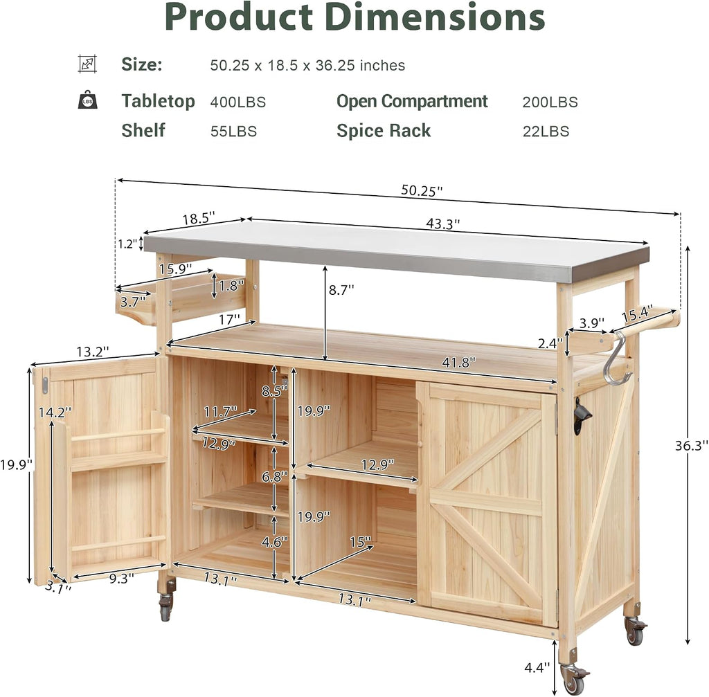 Outdoor Kitchen Island Rolling Bar Cart & Storage Cabinet Farmhouse Solid Wood Outdoor Grill Table with Stainless Steel Top, Spice Rack, Towel Rack for Dining Room Kitchens Barbecue Natural