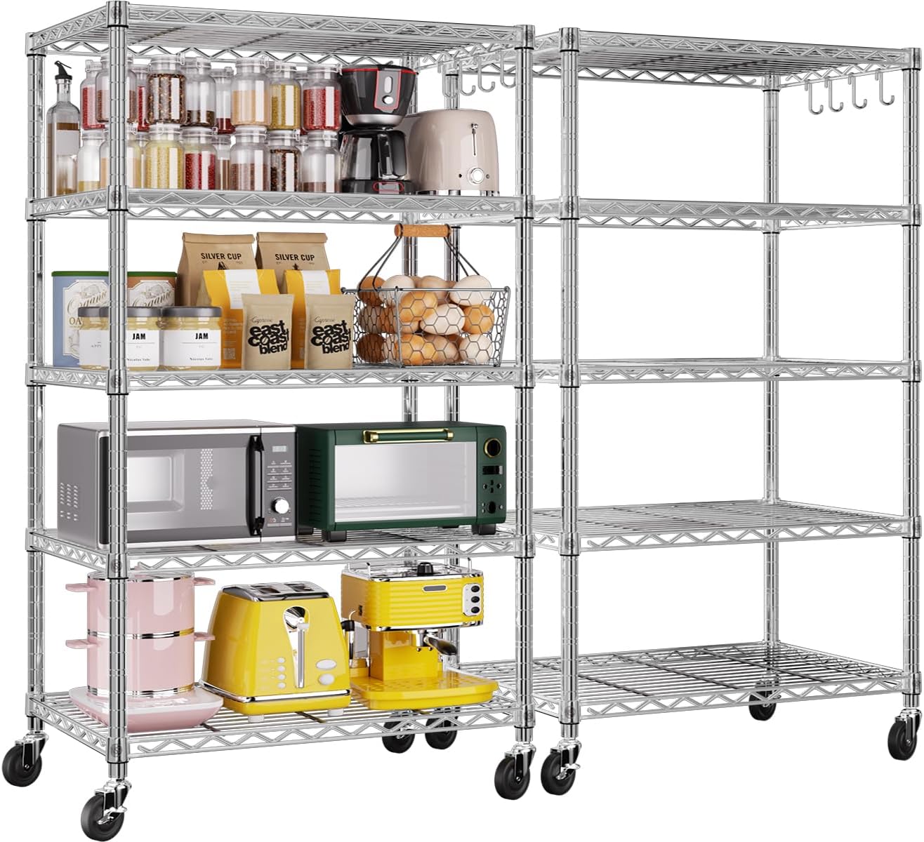 PrimeZone 2 Pack Steel Storage Wire Shelving 5 Tier Metal Shelves with Wheels,Adjustable Kitchen Utility Shelving Unit,Pantry Rack Rolling Metal Shelf Laundry,Chrome 24' Wx18 Dx75 H