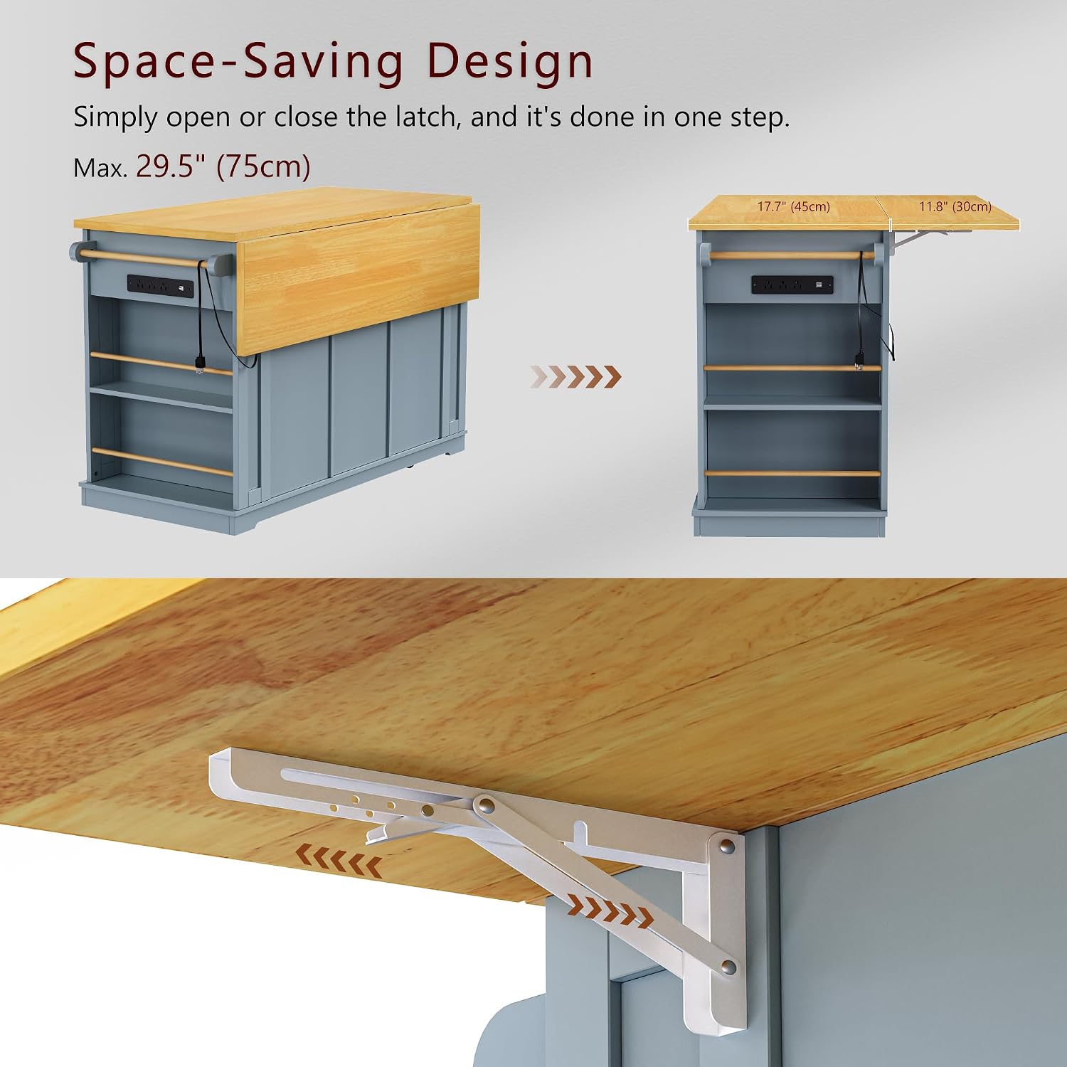 Large Kitchen Island Cart on 5 Wheels with 2 Bar Stools, Power Outlet, 3 Drawers, Kitchen Storage Cart with 5 Open Side Racks, Drop Leaf for Kitchen, Dining Room, Home Bar Grey Blue