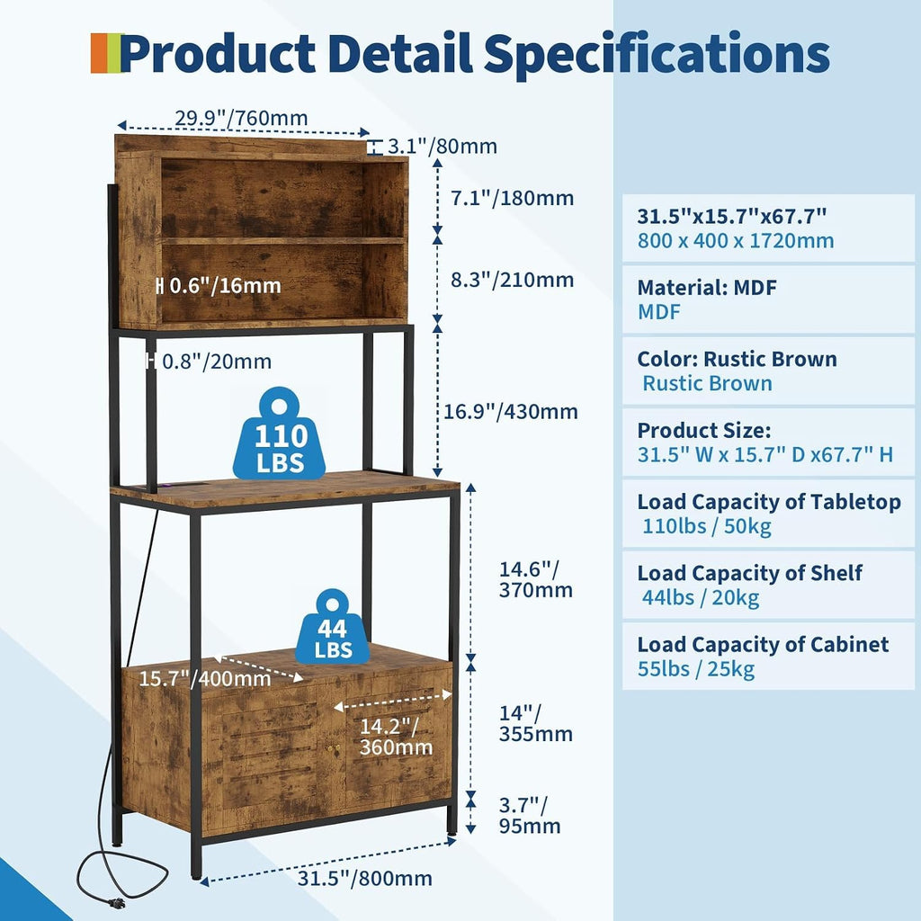 Rustic Brown 5-Tier Bakers Rack with Power Outlet, 67.7'' Industrial Microwave Stand, Kitchen Storage Cabinet & Open Shelves, Multi-Purpose Coffee Bar for Pots, Pans & Spices