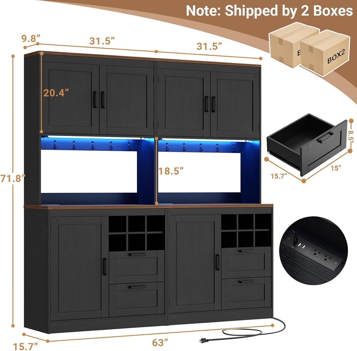 Unikito 72' Tall Pantry Cabinet, Kitchen Pantry Storage Cabinet with LED Light & Outlet, 63' Wide Kitchen Hutch Bar with Microwave Stand, Drawers, Wine Rack & Shelves for Dining Room, Black and Rustic