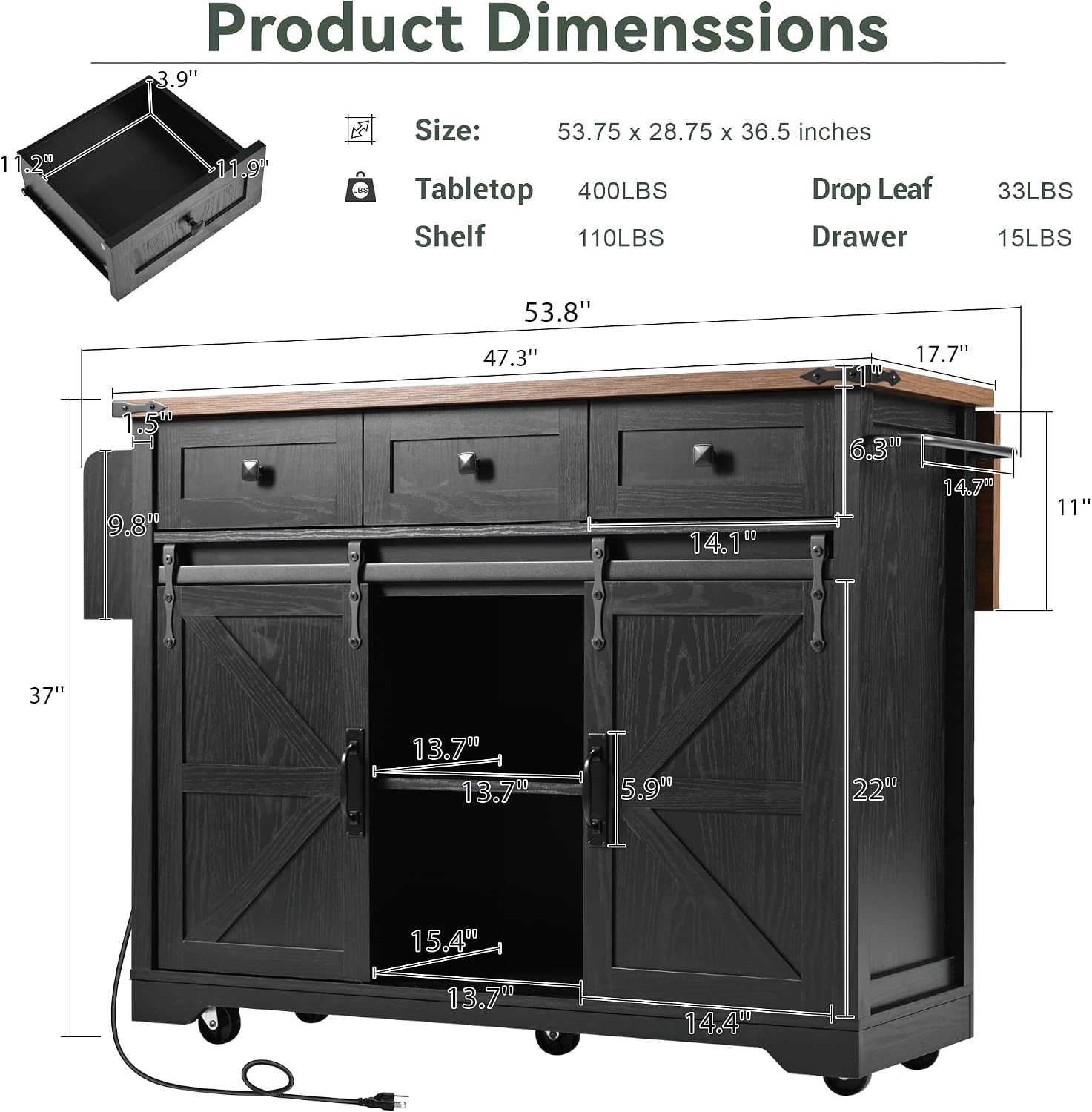 Farmhouse Kitchen Island with Power Outlet, 2 Sliding Barn Door and Drop Leaf, Spice Rack Rolling Kitchen Cart on Wheels for Home and Dining Room (Black/P)