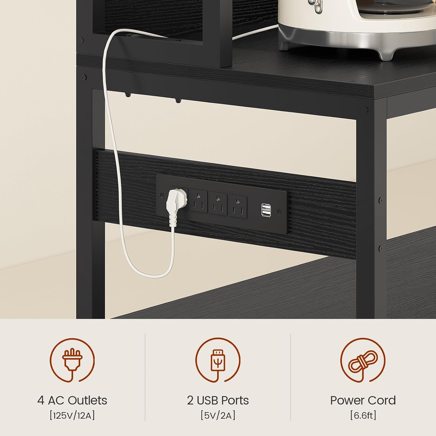 47.2 in Bakers Rack with Power Outlet & LED Light, Coffee Bar with Coffee Pod Holder for Vetuo, Kitchen Microwave Stand with Storage Shelves, Paper Holder, Cabinet, Wire Basket, 8 Hooks (Black)