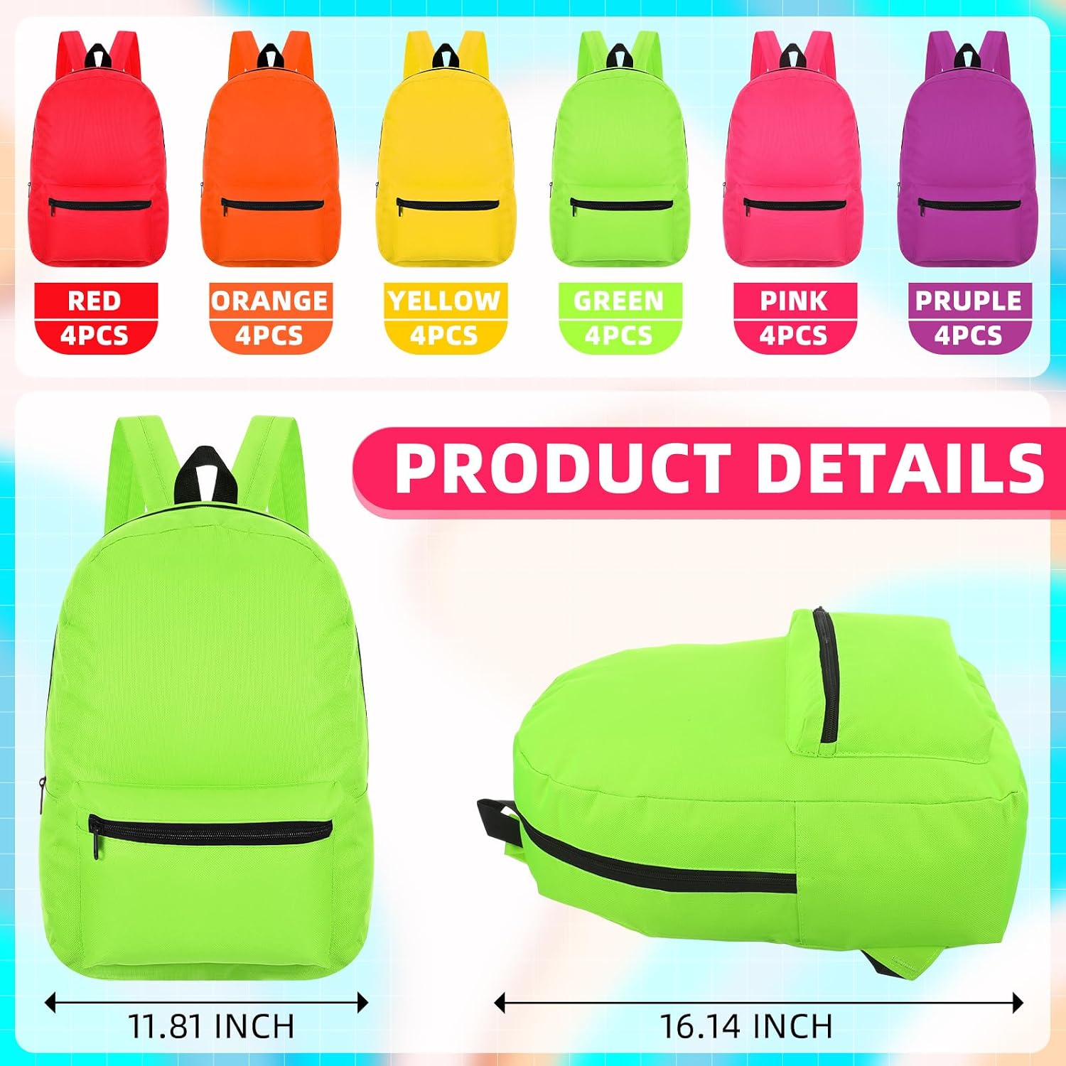 Sweetude 24 Sets 16'' Backpacks Bulk 24 Water Bottle Pencil Pouch School Backpack Set Classic Bookbags for Classroom Supplies(Four Colors,Letter Print)