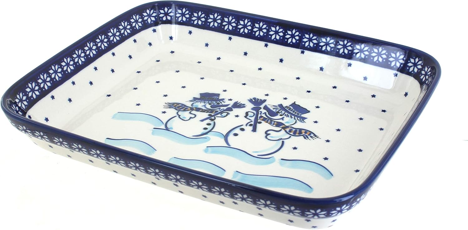 Blue Rose Polish Pottery - Blue Frosty Friend Medium Rectangular Baker - 12' x 9.75' - Ceramic Baking Dish, Festive Design,Perfect Christmas Gift