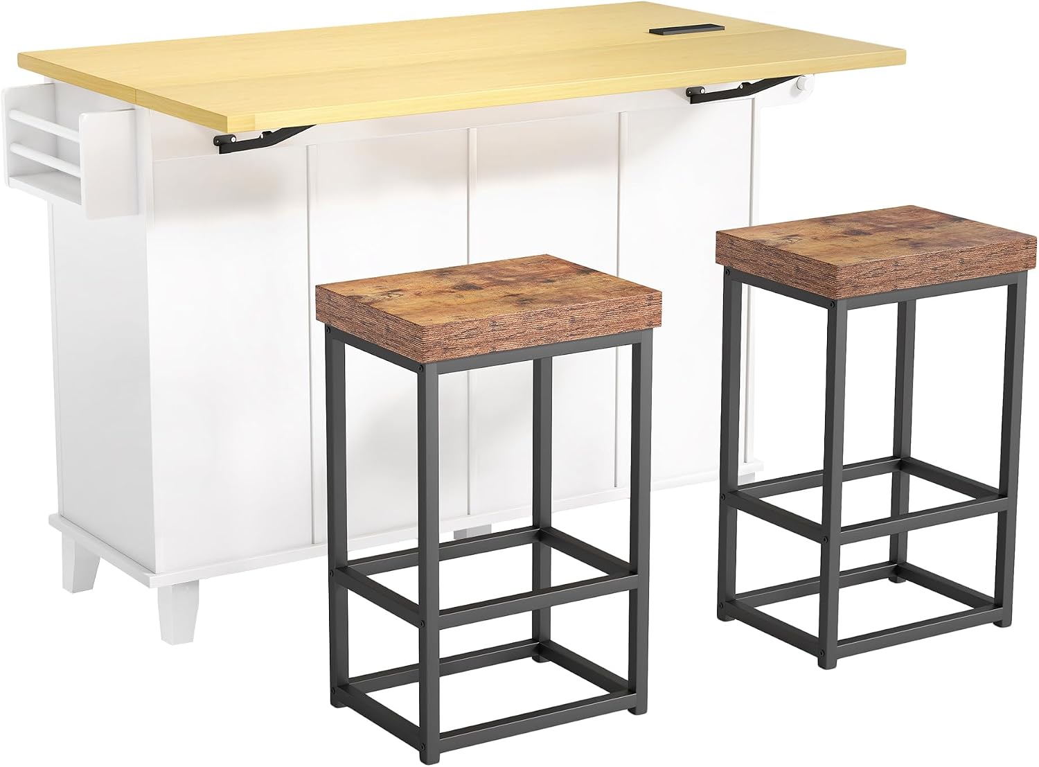 Farmhouse Kitchen Island with Drop Leaf and 2 Seatings, Kitchen Table Set with Storage Cabinet, Drawers, Door Shelves and Power Outlet, White+Rustic Brown