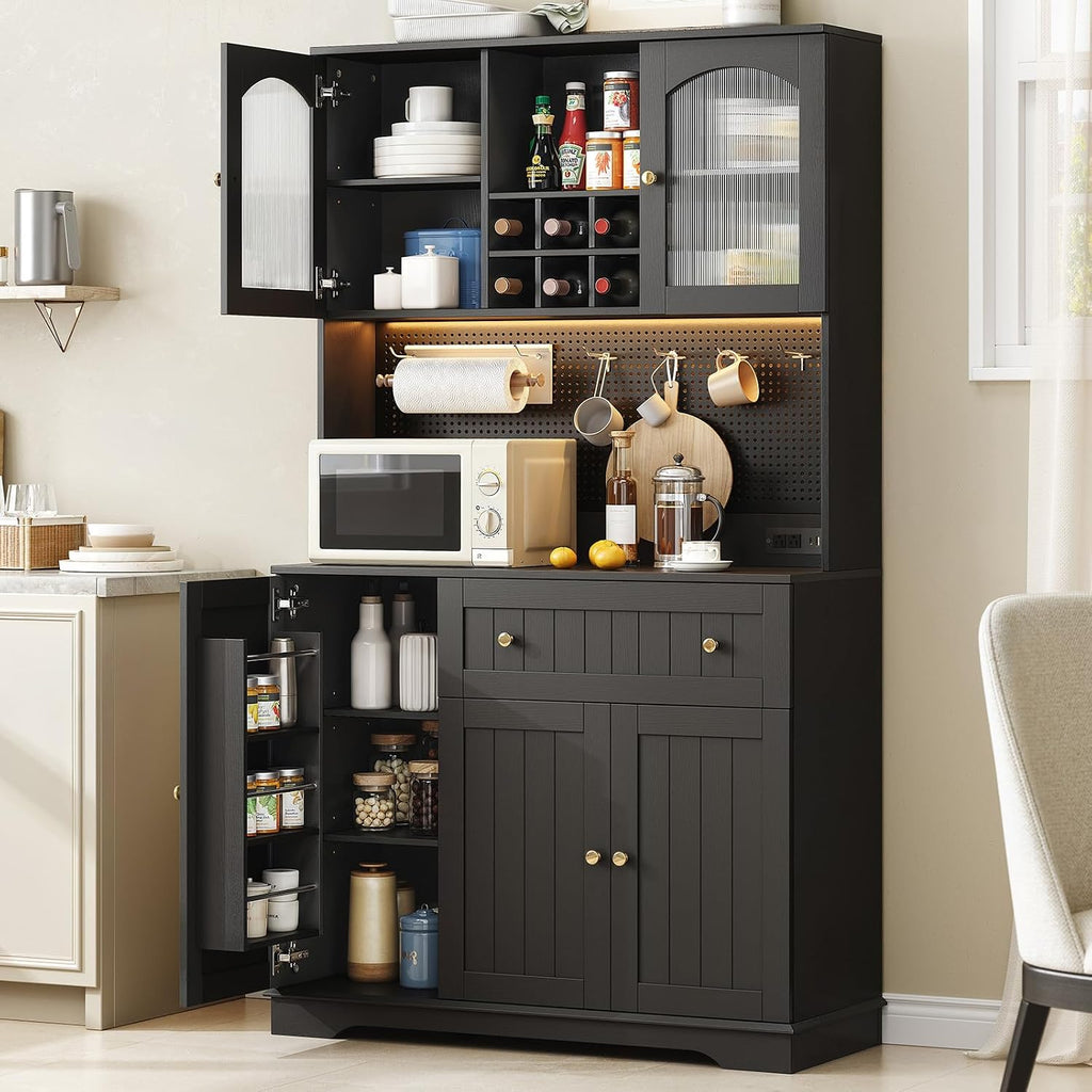 ONBRILL 71' Kitchen Pantry Cabinet with Microwave Shelf & Door Shelves, Kitchen Hutch with Outlet & LED Light, Wood Pantry Storage with DIY Pegboard & 6 Hook, Modern Cabinet with Drawer & Wine Rack