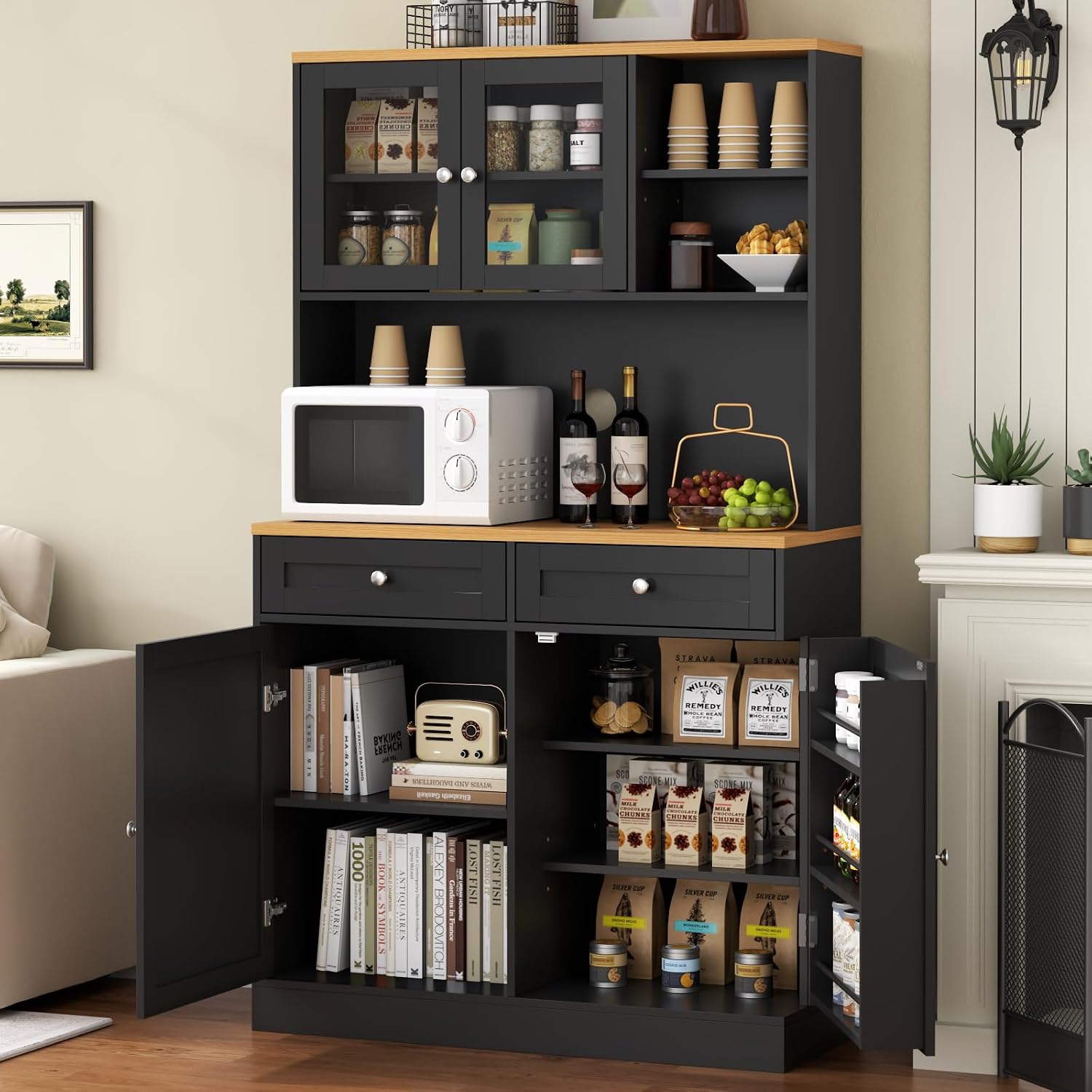 Tall Pantry Cabinet, Modern Kitchen Hutch with Microwave Stand, Kitchen Pantry Storage Cabinet with 2 Darwers & Door Shelf, Food Pantry with Glass Doors & Adjustable Shelves for Dining Room, Black