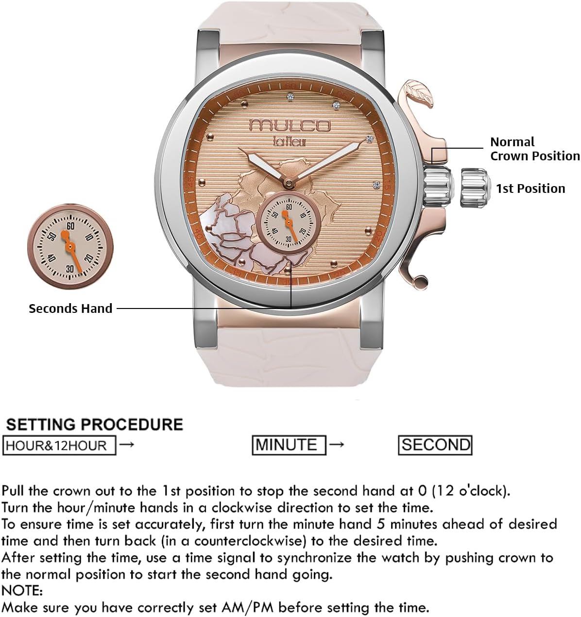 MULCO Le Fleur Gardenia Women's Watch – 43 mm Stainless-Steel Case, Rose-Gold Bezel, Mother-of-Pearl Dial with Crystal Accents, Pure Silicone Strap, Quartz Multifunction Movement, 10 ATM Waterproof