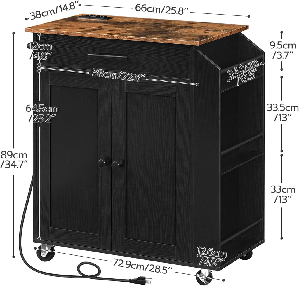 HOOBRO Kitchen Island with Power Outlet, Storage Island with Spice Rack and Drawer, Rolling Kitchen Cart on Wheels, for Home, Dining Room, Rustic Brown and Black