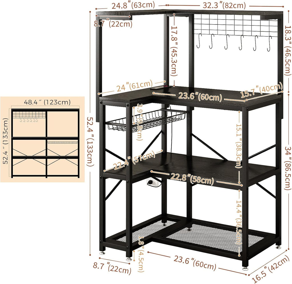 METYERRY L-Shaped Bakers Rack with Power Outlet,4-Tier Corner Microwave Stand with Storage,Coffee Bar Station with 6 Hooks, Kitchen Shelf with 2 Installation Methods,for Living Room,Office,Black
