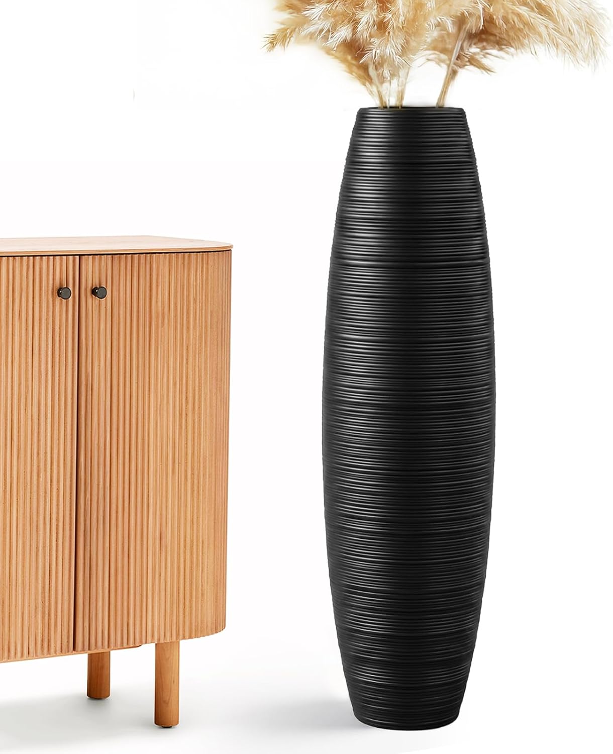 Large Floor Vase 35.4' Matte Black, Resin Wide-Body Vase with Horizontal Ribbed Texture for Dried Pampas Grass Branches, Modern Home Decor for Living Room Corner Entryway