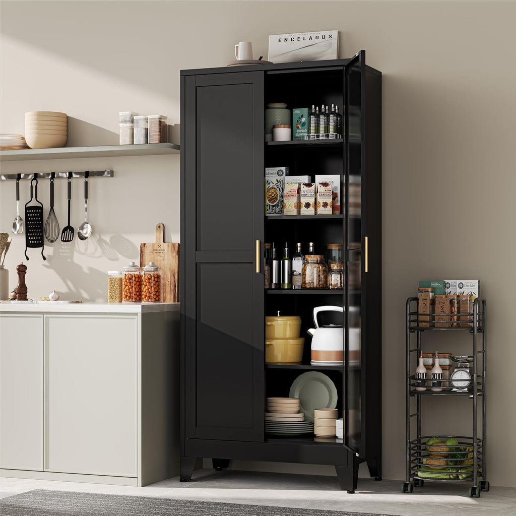 YAUWOH 71''Metal Cabinet with 4 Adjustable Shelves,5-Tier Pantry Storage Cabinet,Kitchen Pantry Cabinet for Living Room,Dining Room, (1PC,Black)