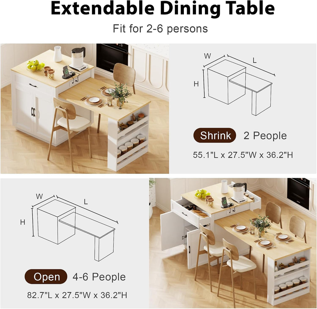 82.7 inches Kitchen Island with Extendable Table, Faux Mable Table with Double-Sized Storage, Power Outlet, 2 Drawers, 2 Side Open Shelves for Kitchen for 4-6 Person, Dining Room, White
