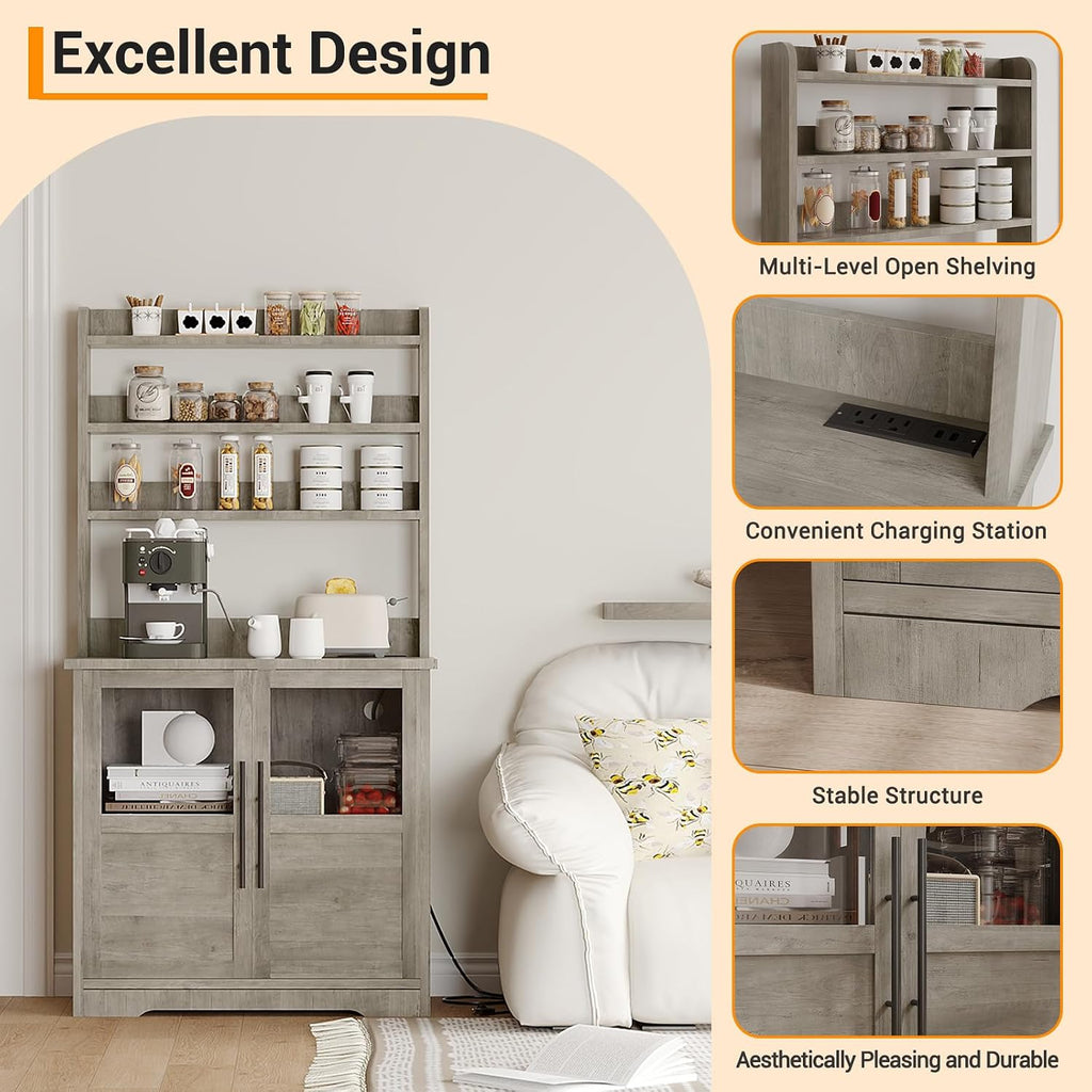 Microwave Stand Bakers Rack Cabinet with Power Outlet and Thickened Counter, Freestanding Farmhouse Coffee Bar Cabinet, Tall Kitchen Pantry Hutch with Glass Doors for Dining Room