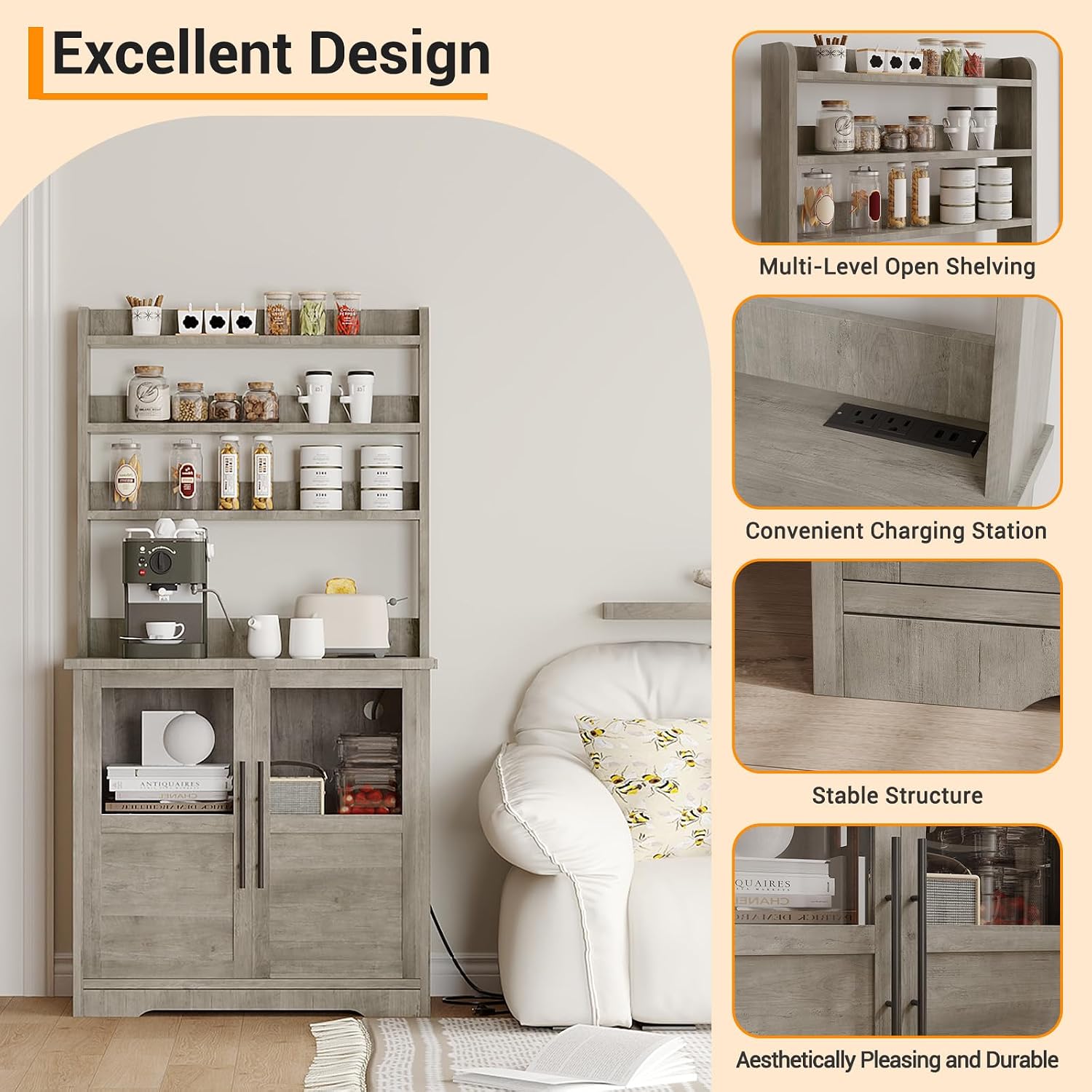Microwave Stand Bakers Rack Cabinet with Power Outlet and Thickened Counter, Freestanding Farmhouse Coffee Bar Cabinet, Tall Kitchen Pantry Hutch with Glass Doors for Dining Room