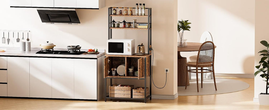Katutude Kitchen Baker's Rack with Storage Cabinet,5-Tier Baker with Power Outlets Wood Dish Cabinet Metal Spice Rack Microwave Oven Stand for Kitchen Dining Room Brown