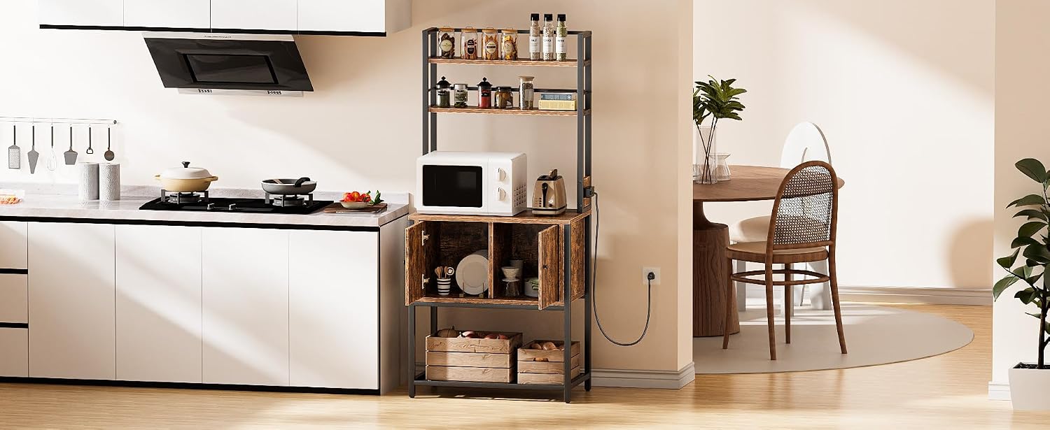 Katutude Kitchen Baker's Rack with Storage Cabinet,5-Tier Baker with Power Outlets Wood Dish Cabinet Metal Spice Rack Microwave Oven Stand for Kitchen Dining Room Brown