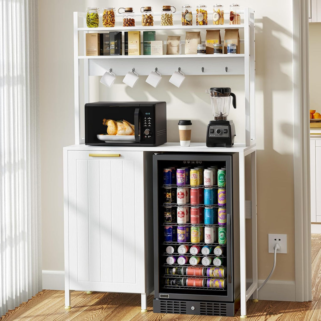 DWVO 63' Tall 39.4' Wide Fridge Stand with Tilt Out Trash Can Fit 10 Gallon,Storage Bakers, Kitchen Rack with Power Outlets Freestadning Coffee Bar Cabinet 3-Tiers Coffee Stand Station White