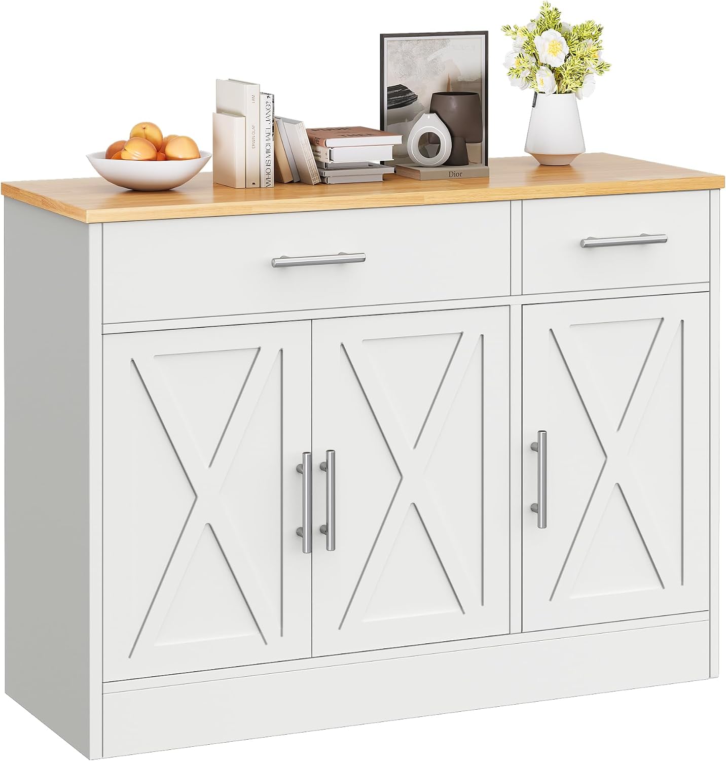 Vongrasig 43' Coffee Bar Cabinet, Farmhouse Buffet Cabinet with Storage, Sideboard Buffet with Drawers and Shelves for Kitchen, White