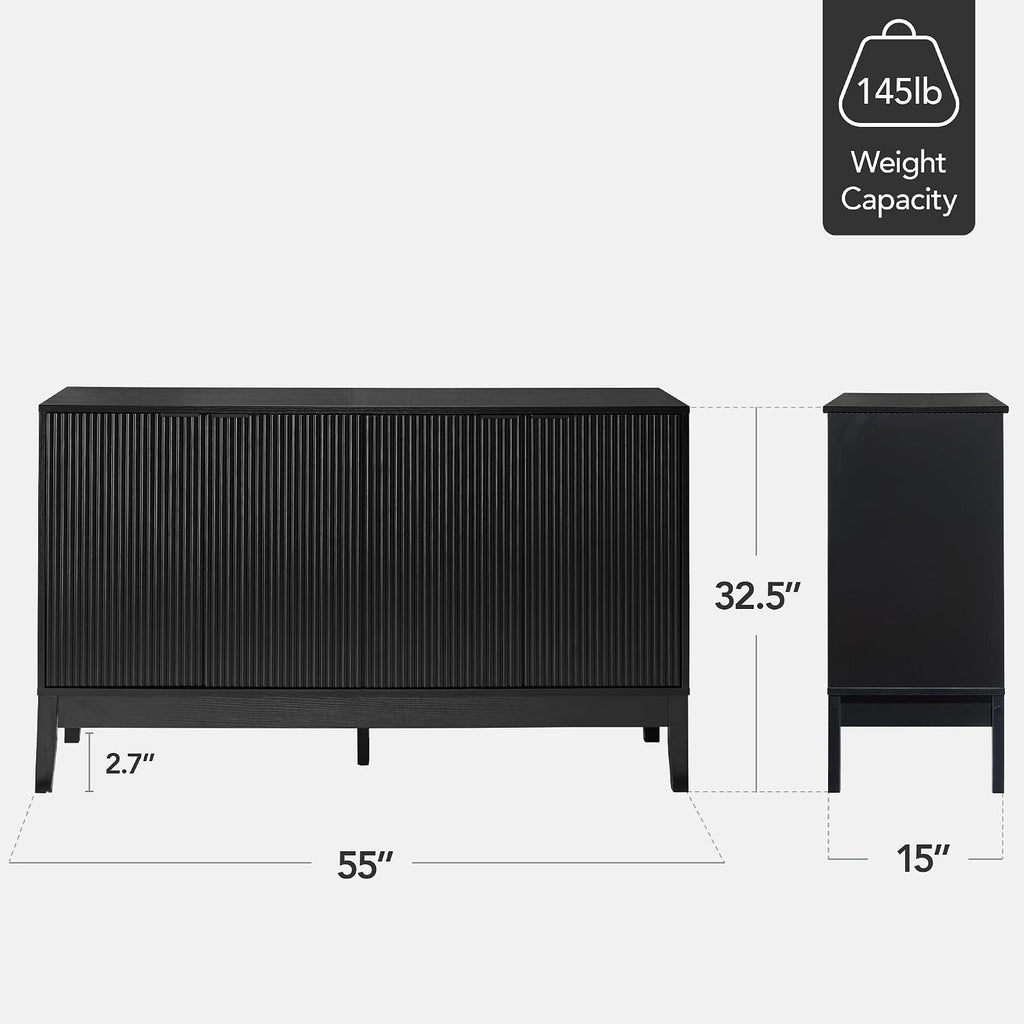 Best Choice Products 55' Modern 4-Door Sideboard Storage Cabinet, Buffet, Media Cabinet, Cupboard, Entryway Accent Table, Bookcase w/Reed Panels and Adjustable Shelves - Black