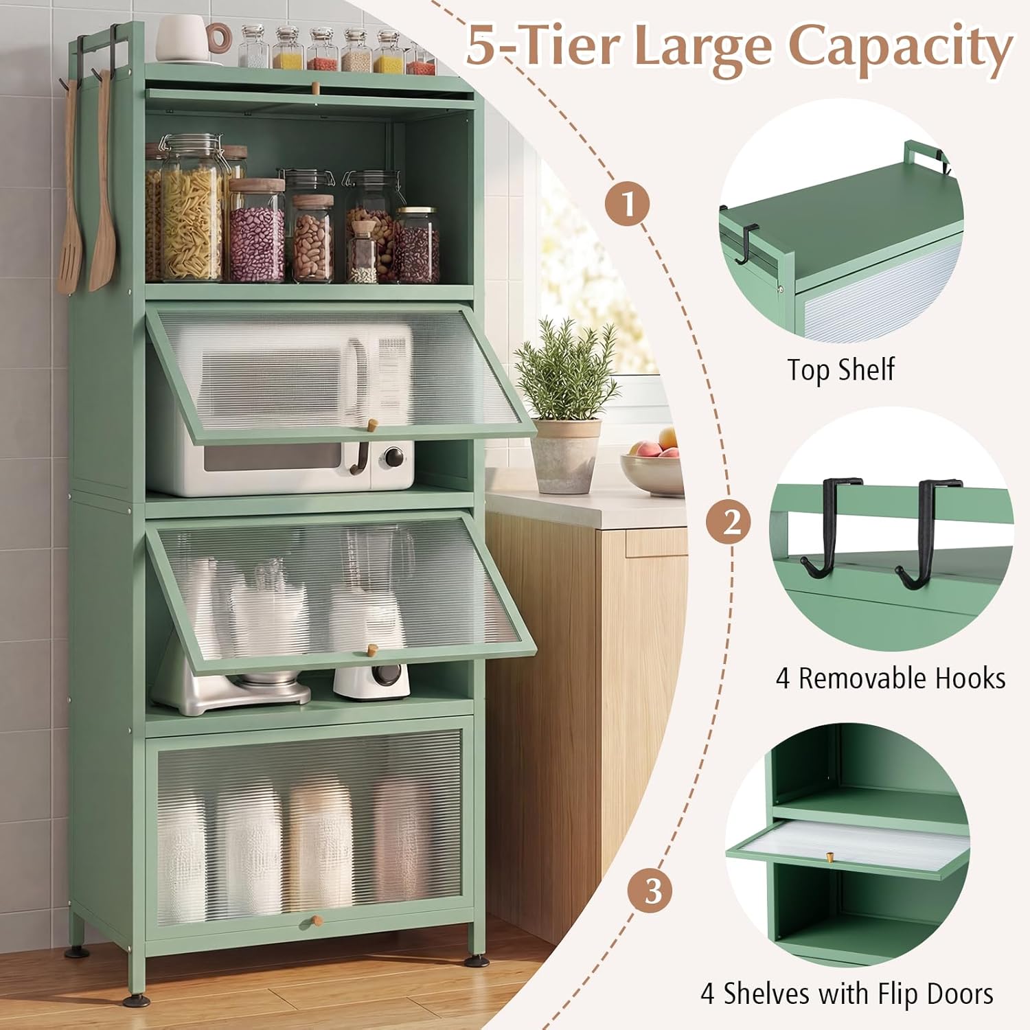 Giantex 5-Tier Kitchen Storage Cabinet, Freestanding Metal Pantry Cabinet w/ 4 Flip-up PC Doors, 4 Hooks & Adjustable Feet, 60' Tall Bakers Rack Microwave Stand for Dining Room, Living Room, Green