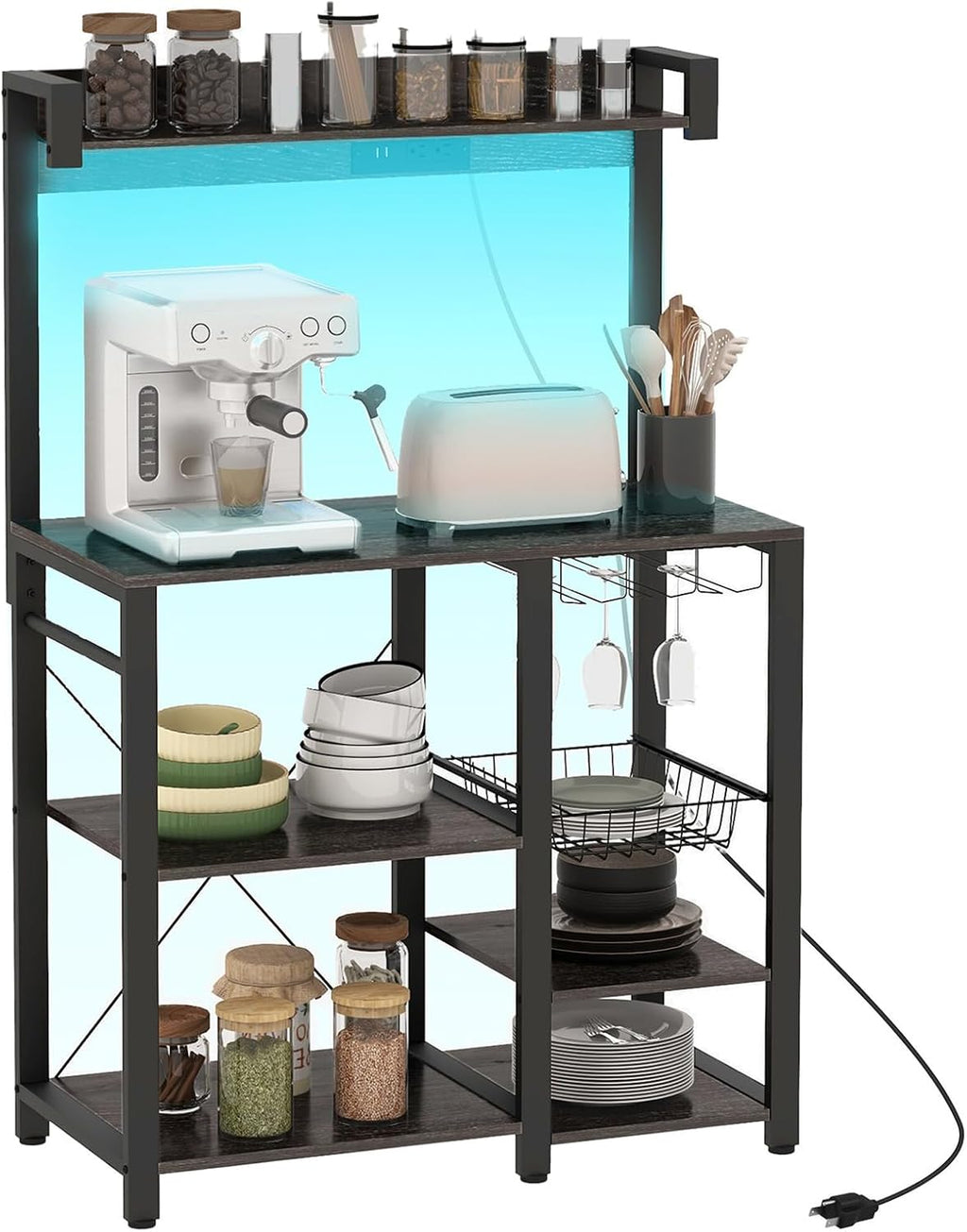 Kitchen Baking Rack with Power Socket and Led Light, Industrial Microwave Rack with Glass, with Metal Baskets and Shelves, Kitchen Spice and Pot Organizer, Gray