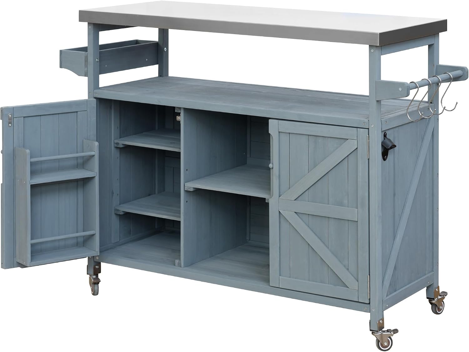 Farmhouse Outdoor Kitchen Island, Rolling Bar Cart & Storage Cabinet with Stainless Steel Top, Spice Rack, Towel Rack for Kitchen & Barbecue, Solid Wood Outdoor Grill Table (Grey+Blue)